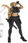 abs anthro armor athletic athletic_anthro athletic_gynomorph athletic_intersex balls balls_outline belt big_balls big_breasts black_scabbard boob_armor bottomwear breastplate breasts bulge clothed clothing countershade_face countershade_torso countershading detailed_bulge drawing_sword drawing_weapon dual_wielding eyelashes flaccid footwear genital_outline genitals gloves gynomorph handwear holding_object holding_weapon intersex knife long_neck looking_aside melee_weapon midriff navel non-mammal_breasts orange_eyes pants penis penis_outline pupils scales shoes slit_pupils snake_hood solo standing sword sword_on_back tan_body tan_scales tattoo throwing_knife tight_clothing topwear unsheathing_sword unsheathing_weapon wavy_mouth weapon weapon_on_back im51nn5 cobra reptile scalie snake 2021 absurd_res full-length_portrait hi_res portrait