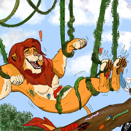 anthro barely_visible_character brown_pawpads claws cloud duo exclamation_point fangs feet fur holding_feather laugh loose_feather male mane motion_lines one_eye_closed open_mouth open_smile pawpads paws pink_nose pink_tongue red_mane red_tail_tuft sky smile solo_focus tail tail_tuft teeth tickle_fetish tickle_torture tickling tickling_belly tickling_feet toe_claws tongue tuft vine_bondage whiskers white_body white_fur yellow_body yellow_fur leon_tickles disney the_lion_king simba_(the_lion_king) timon arthropod felid herpestid insect lion mammal meerkat pantherine 1:1