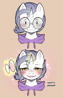 anthro black_text blush blush_lines closed_smile clothing dialogue eyelashes eyewear femboy fur glasses hair hoodie horn looking_at_viewer magic magic_user male mane mouth_closed open_mouth open_smile purple_clothing purple_hoodie purple_topwear round_glasses simple_background smile solo sparkles tan_background text topwear wearing_glasses white_body white_fur yellow_eyes cold-blooded-twilight hasbro my_little_pony mythology yodi_(oc) equid equine horse mammal mythological_creature mythological_equine pony unicorn 2025 english_text hi_res