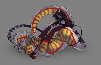 anthro arched_back arms_tied athletic athletic_anthro back_groove bdsm bondage bound female fully_bound hogtied legs_tied lying muzzle_(object) muzzled on_front prepared side_view snout solo stripes tail tail_bondage tail_tied masmasmas mythology dragon mythological_creature mythological_scalie scalie