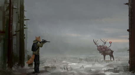 anthro backpack clothed clothing duo feral forest grass gun holding_gun holding_object holding_ranged_weapon holding_weapon male outside plant ranged_weapon rifle sniper snow standing tree weapon panzery25 canid canine deer fox mammal monster 2018 hi_res signature