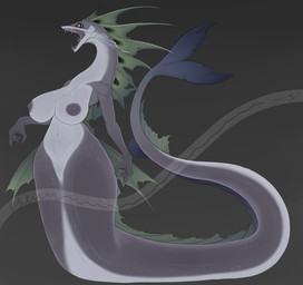 apode areola big_breasts breasts female fin genitals legless looking_at_viewer nipples nude simple_background small_waist solo tail teeth vulva wide_hips khemmmis aquatic fish lancetfish absurd_res hi_res