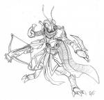 amputee antennae_(anatomy) anthro armor arthropod black_and_white cape clothed clothing crossbow dagger disability dual_wielding dungeons_and_dragons hasbro holding_object holding_weapon insect melee_weapon monochrome multi_arm multi_limb ranged_weapon scar solo thri-kreen weapon wes_talbott wizards_of_the_coast