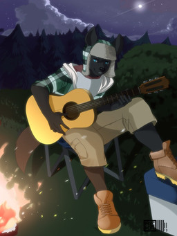 acoustic_guitar anthro biped campfire clothed clothing guitar hat headgear headwear male musical_instrument outside playing_guitar playing_music plucked_string_instrument sitting smile solo string_instrument ushanka rekuuhh canid canine mammal 3:4 hi_res