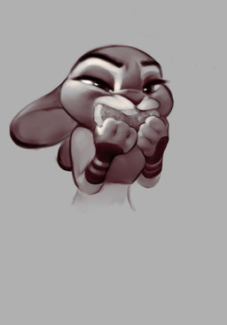 anthro bite bread clothing dessert doughnut ears_back eating female food fur holding_food holding_object narrowed_eyes pastry pivoted_ears police police_officer_eating_donut police_uniform simple_background solo teeth uniform qupostuv35 disney zootopia judy_hopps lagomorph leporid mammal rabbit 2022 absurd_res digital_media_(artwork) half-length_portrait hi_res monochrome portrait