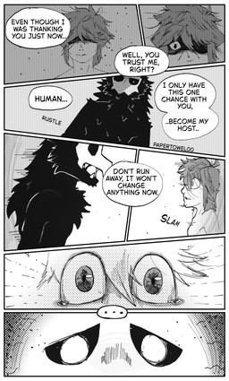 anthro betrayal black_body black_fur black_sclera bodily_fluids bone bone_mask cheek_tuft dialogue duo ellipsis facial_tuft fluffy fur male male/male manga_style mask neck_tuft onomatopoeia pupils scared skull skull_mask slam sound_effects speech_bubble stare talking_to_another tears text tuft white_pupils white_sclera papertowel00 changed_(video_game) lin_(changed) puro_(changed) canid canine canis dark_latex goo_creature human mammal absurd_res comic english_text hi_res monochrome