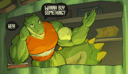 anthro arm_support big_muscles bottomless clothed clothing dialogue genitals green_body green_penis green_scales leaning_on_elbow looking_at_viewer male muscular muscular_arms open_hand orange_clothing orange_topwear penis safety_vest scales solo speech_bubble spiked_tail spikes spikes_(anatomy) store tail talking_to_viewer text thick_tail topwear vein veiny_penis vendor vest yellow_spikes mixterart lil_gator_game dilly_(lil_gator_game) crocodile crocodilian reptile scalie absurd_res digital_media_(artwork) english_text hi_res