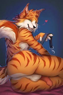 anatomically_correct anatomically_correct_genitalia animal_genitalia animal_penis anthro balls bed_sheet bedding butt collar feline_genitalia feline_penis fluffy fluffy_tail genitals ginger_fur green_eyes heart_symbol leash male penile_spines penis presenting solo striped_body stripes tail pawtish domestic_cat felid feline felis mammal hi_res