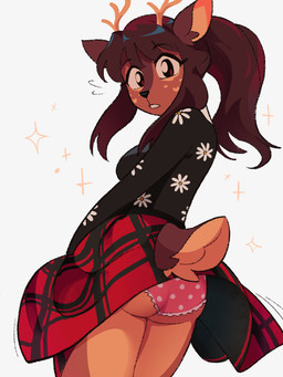 anthro big_butt bottomwear breasts butt clothed clothing female looking_at_viewer low-angle_view medium_breasts panties skirt solo sparkles tail turning_around underwear upskirt c0denamedelta deer mammal 3:4 absurd_res hi_res