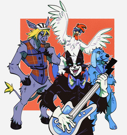 abstract_background anthro bass_guitar black_hooves blue_body blue_eyes blue_eyewear blue_fur blue_glasses bottomless bow_tie broad_shoulders casual_nudity clothed clothing electronics eyewear eyewear_only feathered_tail feathers featureless_chest featureless_crotch floppy_ears fur glasses glasses_only group guitar hat headgear headwear hoof_hands hooves jacket lop_ears male microphone mostly_nude_anthro mostly_nude_male musical_instrument musician nude nude_male playing_bass plucked_string_instrument pointy_ears purple_clothing purple_jacket purple_topwear rock_band string_instrument tail tail_tuft topwear tuft unguligrade unsigned wearing_glasses white_body white_feathers yellow_tail_tuft gala_bobs bremenskiie_muzykanty soyuzmultfilm kot osel petuh pios asinus canid canine canis domestic_cat domestic_dog donkey equid equine felid feline felis mammal digital_media_(artwork) hi_res paint_tool_sai_(artwork) russian_description