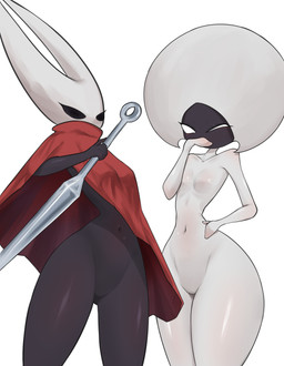 anthro belly biped breasts cloak clothing duo featureless_crotch female fingers holding_melee_weapon holding_object holding_weapon melee_weapon mouthless nail_(weapon) navel small_breasts small_waist standing weapon moccimew hollow_knight:_silksong hollow_knight_(franchise) team_cherry hornet_(hollow_knight) lace_(hollow_knight:_silksong) arthropod 2025 absurd_res hi_res