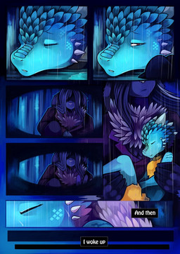 ambiguous_gender anthro blue_body blue_scales carrying_another clothed clothing duo female fur grey_body grey_fur hair obscured_eyes raining scales shadowed_eyes size_difference text anonymous_artist faodai_(fragile_findings) zuka_(fragile_findings) kobold scalie unknown_species 2018 colored comic english_text