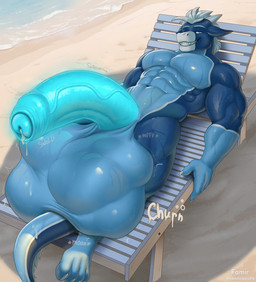 anthro balls balls_on_tail beach big_balls big_penis bodily_fluids cock_vore cum expansion foreskin genital_expansion genital_fluids genital_growth genitals growth huge_balls huge_penis humanoid_genitalia humanoid_penis hyper hyper_balls hyper_genitalia hyper_penis leaking_cum lying male muscular on_back penile penis solo sweat tail vore thebestvore mythology nighdruth_(character) dragon mythological_creature mythological_scalie scalie hi_res