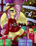 angel_(mlp) blush bottomless christmas christmas_tree clitoral_hood clothed clothing dimwitdog equid equine feathered_wings feathers female feral fluttershy_(mlp) friendship_is_magic fur genitals gift hair hasbro heart_eyes heart_symbol holidays inside lagomorph legwear leporid mammal my_little_pony mythological_creature mythological_equine mythology partially_clothed pegasus plant pussy rabbit semi-anthro signature solo toque tree wings yellow_body yellow_feathers yellow_fur