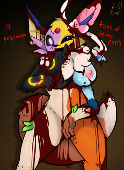 amputee anthro black_nose black_sclera blood blood_on_face blue_body bodily_fluids body_horror breasts covering covering_self dialogue disability dripping female feral fur fusion glowing glowing_eyes goo-connected_lips gore heart_symbol nipples nude open_mouth purple_eyes ribbons simple_background smile solo tail text white_body yellow_body yellow_fur e-01 nintendo pokemon abominaceon canid canine eevee eeveelution espeon flareon generation_1_pokemon generation_2_pokemon generation_4_pokemon generation_6_pokemon glaceon hybrid hybrid_pokemon jolteon leafeon mammal pokemon_(species) sylveon umbreon vaporeon digital_media_(artwork) english_text hi_res