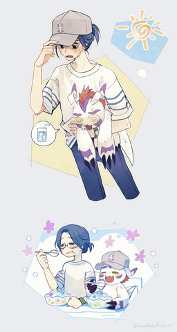 blue_hair bodily_fluids carrying_another claws clothing dessert duo eating eyewear feral food fur glasses hair hat headgear headwear heat_(temperature) male overheated red_hair shaved_ice spiral spiral_eyes sun sunny sweat white_body white_fur lanllan bandai_namco digimon joe_kido digimon_(species) gomamon human mammal hi_res
