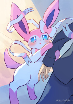 ambiguous_gender arm_grab blue_eyes blush bodily_fluids bow_(anatomy) clothing duo feral frown fur holding_arm open_frown open_mouth paws pink_body pink_fur pink_tail ribbons_(anatomy) sad solo_focus suit tail tears white_body chaco_(illustrattyako) nintendo pokemon eeveelution generation_6_pokemon human mammal pokemon_(species) sylveon 2025 absurd_res hi_res signature