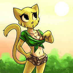 anthro bodily_fluids bottomwear bra bra_peek breasts cleavage clothed clothing female fur midriff navel shirt shorts skimpy solo sun sweat tied_shirt topwear underwear yellow_body yellow_fur plagueofgripes microsoft prequel_adventure the_elder_scrolls katia_managan domestic_cat felid feline felis khajiit mammal 1:1 2014