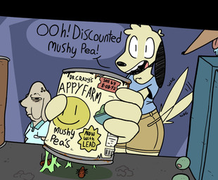 4_fingers ambiguous_gender anthro black_body black_ears black_eyes black_fur black_nose black_text blue_clothing blue_shirt blue_topwear bodily_fluids bottomwear can canned_food chest_tuft clothing collared_shirt container detailed_background dialogue drooling dust fingers floppy_ears food fruit fur group head_tuft holding_can holding_container holding_object inside legume male mold_(fungus) mostly_offscreen_character multicolored_body multicolored_fur narrowed_eyes olive_(fruit) open_mouth open_smile pea_(food) plant saliva shelf shirt shorts smile smiley_face speech_bubble standing store tail tail_motion tailwag tan_body tan_bottomwear tan_clothing tan_fur tan_shorts text tongue tongue_out topwear trio tuft agusta stich_(agusta) arthropod canid canine canis deer domestic_dog insect mammal 2025 comic english_text hi_res one_panel_comic