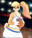 anthro basketball big_breasts blurred_background bodily_fluids breasts clothing female shirt solo sweat tank_top text text_on_clothing text_on_shirt text_on_tank_top text_on_topwear topwear almy looney_tunes warner_brothers lola_bunny lagomorph leporid mammal rabbit absurd_res english_text hi_res