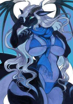 anthro arm_markings big_breasts bikini bikini_bottom bikini_top blue_body blue_eyes breasts camel_toe clothing curvy_figure female fin fish_tail grey_hair hair hand_on_breast horn huge_breasts huge_hips huge_thighs leg_markings long_hair markings membrane_(anatomy) membranous_wings multicolored_body multicolored_hair non-mammal_breasts non-mammal_hair pose scarf shark_tail shoulder_markings smile solo spread_wings striped_markings stripes swimwear thick_thighs thigh_markings two-piece_swimsuit two_tone_body voluptuous wide_hips wings lbt9000 mythology spectra_(ghost3013) dragon fish hybrid marine mythological_creature mythological_scalie scalie shark absurd_res colored detailed digital_drawing_(artwork) digital_media_(artwork) hi_res