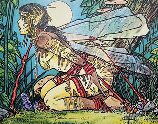 bdsm bikini black_hair bondage bound breasts clothing detailed_background female full_moon gold_(metal) gold_bikini gold_jewelry grass hair hands_tied humanoid_pointy_ears jewelry kneeling legs_tied moon neck_tied night not_furry open_mouth plant pointy_ears side_view solo swimwear tree two-piece_swimsuit quinton_hoover_(artist) hasbro magic:_the_gathering wizards_of_the_coast fairy humanoid 1993 official_art signature traditional_media_(artwork)