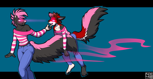 anthro black_body black_fur bottomwear clone clothing denim denim_bottomwear denim_clothing duo fluffy fluffy_tail fur glowing glowing_eyes hair hypnosis jeans male male/male mind_control pants perfume pink_hair tail transformation twinning nx-42 nicole_o'connor canid canine fox mammal mephitid skunk absurd_res hi_res sibling_(lore) twins_(lore)