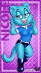 anthro blue_body blue_eyes blue_fur boots breasts clothed clothing fangs female footwear fur latex mature_anthro mature_female open_mouth shoes solo teeth tongue whiskers onzeno cartoon_network the_amazing_world_of_gumball nicole_watterson domestic_cat felid feline felis mammal hi_res