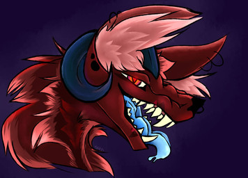 anthro bared_teeth blue_tongue feral fluffy fur horn male open_mouth red_body red_eyes red_fur solo teeth teeth_showing tongue tongue_out sixss mythology dybuuk canid canid_demon canine demon hellhound mammal mythological_canine mythological_creature