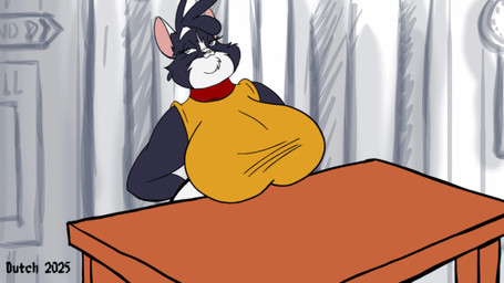 anthro areola belly big_areola big_breasts black_body black_fur bottomwear breasts clothed clothing clothing_lift collar female fur furniture huge_breasts multicolored_body multicolored_fur navel nipples overweight overweight_anthro overweight_female pants shirt shirt_lift solo table thick_thighs topwear two_tone_body two_tone_fur white_body white_fur dutch_(artist) misty_the_mouse whitney_(dutch) domestic_cat felid feline felis mammal 16:9 2025 animated digital_media_(artwork) widescreen