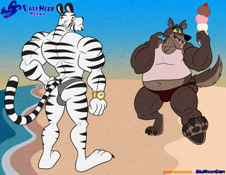 3_toes 4_fingers anthro barefoot beach big_butt black_nose black_pawpads black_stripes brown_body brown_fur bulge butt claws clock clothed clothed_anthro clothed_male clothing dessert duo feet finger_claws fingers food fur green_eyes hindpaw humanoid_hands ice_cream ice_cream_cone male mature_anthro mature_male musclegut muscular muscular_anthro muscular_arms muscular_male navel outside pawpads paws sand sea shirt smile snaggle_tooth speedo striped_body striped_fur stripes swimwear tail tank_top thick_thighs toe_claws toes topless topless_anthro topless_male topwear watch water white_body white_fur wristwatch yellow_sclera blu3danny wolfgang_wilford wyatt_winters canid canine canis felid mammal pantherine tiger wolf hi_res