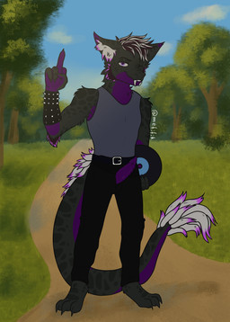 anthro armband belt black_body bodily_fluids bottomwear cheek clothing denim denim_bottomwear denim_clothing eyes_closed fangs feathers fluffy genitals gesture hair hand_gesture inner_ear_fluff jeans male markings middle_finger pants penis purple_markings purple_penis scales shirt skully_(nightsky) solo spiked_penis spikes spikes_(anatomy) tank_top teeth topwear tuft vinyl_record mefifik mythology dragon mythological_creature mythological_scalie scalie absurd_res hi_res