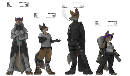 anthro armor blind clothing disability female group lineup male smoking tail weapon ipoke geena_gonorah martin_bertruger sharutha sleter_aurelius canid canine felid fox mammal pantherine tiger hi_res model_sheet