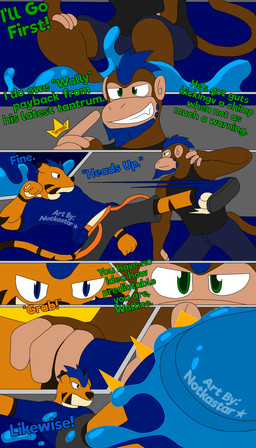 anthro dialogue duo fight kick male male/male mohawk text water conditional_dnp notkastar felid haplorhine mammal monkey pantherine primate tiger 4:7 animated animated_comic comic english_text hi_res high_framerate multiple_scenes