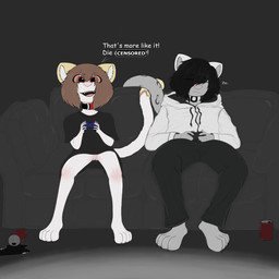 4_toes 5_fingers age_difference anthro bangs barefoot beverage_can black_background black_bottomwear black_clothing black_collar black_dress black_eyebrows black_hair black_jeans black_markings black_pants blush body_blush bottomwear brown_hair brown_markings butt butt_from_the_front can casual_exposure claws clothed clothed_anthro clothed_female clothed_male clothing collar container controller cute_fangs denim denim_bottomwear denim_clothing dialogue dipstick_tail drawstring drawstring_clothing drawstring_hoodie drawstring_topwear dress duo eye_through_hair eyebrow_through_hair eyebrows fangs feet female female_anthro fingers fully_clothed fully_clothed_anthro fully_clothed_male fur furniture game_controller gaming genitals grey_body grey_claws grey_collar grey_fur grey_tail hair hair_between_eyes holding_controller holding_game_controller holding_object hood_down hoodie humanoid_genitalia humanoid_hands humanoid_vulva innie_vulva inside iris jeans knee_blush leg_blush long_tail male male_anthro markings minidress no_underwear older_male on_sofa open_mouth open_smile pants pink_blush pink_nose pink_tongue playing_video_game pupils shirt short_hair simple_background sitting sitting_on_sofa sleeping slim slim_anthro slim_female slim_male smile sofa sound_effects tail tail_markings teeth text toe_claws toes tongue topwear translucent translucent_hair vowelless vowelless_sound_effect vulva white_body white_claws white_clothing white_ears white_fur white_hoodie white_inner_ear white_sclera white_tail white_text white_topwear yellow_ears yellow_markings yellow_tail_tip young young_anthro young_female younger_female zzz rilium rilium_(character) rivon_(rilium) calico_cat domestic_cat felid feline felis mammal 1:1 english_description english_text hi_res brother_(lore) brother_and_sister_(lore) sibling_(lore) sister_(lore)