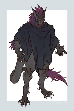 5_fingers anthro arm_tuft claws clothed clothing digitigrade elbow_tuft facial_hair feet finger_claws fingers fur grey_body grey_fur hair male pointy_ears prick_ears purple_hair red_eyes robe simple_background solo standing tail tail_tuft toe_claws toes tuft taran_fiddler thadius ambiguous_species 2025 digital_media_(artwork) digital_painting_(artwork) hi_res painting_(artwork)