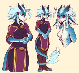 5_fingers 5_toes anthro blue_body blue_hair breasts claws clothed clothed_anthro clothing collarbone countershade_arms countershade_hands countershade_jaw countershade_neck countershade_torso countershading eyebrows featureless_breasts feet female fingers front_view furgonomics hair horn magenta_eyes messy_hair nervous nervous_smile non-mammal_breasts non-mammal_ears nude o-ring plantigrade ridged_horn shy simple_background skinny skinny_anthro small_breasts smile snout solo stripes sweater tail tail_coil tail_tuft three-quarter_view toe_claws toes topwear tuft turtleneck white_body white_countershading makkon kobold scalie 2024 bust_portrait full-length_portrait hi_res multiple_images portrait