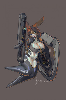 2_missing_limbs amputee anthro big_breasts big_butt biped blue_eyes bodysuit breast_squish breasts brown_body brown_fur brown_hair butt clothing curvy_figure cybernetic_arm cybernetic_hand cybernetic_limb cybernetics disability double_amputee eyebrow_through_hair eyebrows female female_anthro floating_hands floating_limbs fur fused_legs glistening glistening_body glistening_breasts glistening_latex gun hair latex latex_bodysuit latex_clothing latex_skinsuit long_ears looking_at_viewer machine missing_all_arms missing_arm navel_outline open_mouth ranged_weapon scut_tail shield short_tail skinsuit smile solo squish tail thick_thighs tight_clothing translucent translucent_hair weapon wide_hips shanher lagomorph leporid mammal rabbit hi_res