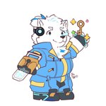 anthro blue_eyes boots chibi clothing fingerless_gloves footwear fur gloves handwear jumpsuit key male scouter shoes simple_background solo superhero white_background white_body white_fur kiekoi0 lifewonders live_a_hero yohack canid canine canis domestic_dog mammal 1:1 hi_res