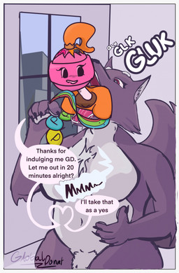 anthro candy dessert dialogue dominant dominant_gynomorph dominant_intersex duo female food gynomorph gynomorph_pred intersex intersex_pred oral_vore safe_vore swallowing text vore willing_pred willing_prey globaldonut34 gd_(globaldonut34) animate_inanimate canid canine canis food_creature living_candy mammal wolf english_text hi_res