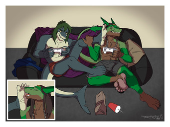 5_fingers 5_toes anthro barefoot blue_body border bottomwear brown_body brown_fur brown_hair bulge claws clothed clothing container controller countershade_feet countershading cutaway detailed_bulge duo eyes_closed eyewear feet fingers foot_fetish foot_focus foot_lick foot_on_face foot_play fur furniture game_controller gaming glasses green_body green_fur green_hair grey_body grey_clothing grin hair holding_controller holding_object humanoid_feet humanoid_hands jewelry licking male male/male male_anthro multicolored_body multicolored_fur necklace nipples on_sofa partially_clothed pawpads paws pillow pink_tongue plantigrade playing_video_game red_clothing red_underwear shorts sitting smile sofa soles tail tail_tuft teeth toe_claws toes tongue tongue_out topless topless_anthro topless_male tuft underwear white_border yellow_eyes patoso mythology ludwig_the_sergal aquatic fish mammal mythological_creature mythological_scalie scalie sergal shark 4:3 hi_res signature
