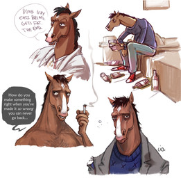 alcohol anthro bed beverage blue_clothing blue_sweater blue_topwear bottle cigarette clothed clothing container dialogue furniture male simple_background smoking solo speech_bubble sweater text topwear white_background ciorane bojack_horseman netflix bojack_horseman_(character) equid equine horse mammal english_text hi_res signature