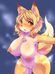 anthro areola big_breasts blonde_hair blush bodily_fluids breasts chest_tuft curvy_figure female fluffy fluffy_tail fur hair heart_eyes heart_symbol huge_breasts looking_at_viewer nipples open_mouth solo standing steam sweat tail tan_body tan_fur thick_thighs tuft voluptuous white_body white_fur wide_hips kogitune canid canine fox mammal 2018 3:4