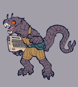 ambiguous_gender anthro bag clothed clothing holding_object keyboard open_mouth orange_eyes scales simple_background solo teeth tongue xenopera alien