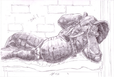 anthro anthro_pred balls bed belly big_belly brick_wall erection furniture genitals humanoid_genitalia humanoid_penis inside larger_pred lying male male_pred muscular navel nipples nude nude_anthro nude_male nude_pred on_side penis prison prison_cell prisoner proboscis_(anatomy) size_difference solo trunk_(anatomy) tusks vore wall_(structure) jeri_kleinlowe elephant elephantid mammal proboscidean 2008 traditional_media_(artwork)