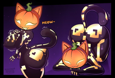 anthro big_breasts big_butt breasts butt clothing duo female food for_a_head fruit nipples plant pumpkin pumpkin_head simple_background tail text thick_thighs wide_hips chaclaveloz epic_games fortnite spice_(fortnite) domestic_cat felid feline felis mammal object_head digital_media_(artwork) hi_res