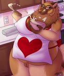 2020 5:6 absurd_res anthro apron apron_only canid canine canis clothed clothing cooking domestic_dog female fupa genitals heart_apron heart_clothing heart_print heart_symbol hi_res humanoid_genitalia humanoid_pussy ineffective_clothing inside keeshond khepri_(thatblackfox) kinktober kitchen light mammal mature_anthro mature_female mostly_nude multicolored_apron multicolored_clothing nipple_outline overweight overweight_anthro overweight_female print_apron print_clothing pussy red_apron red_clothing red_heart shadow solo spitz standing thatblackfox_(artist) thick_thighs white_apron white_clothing