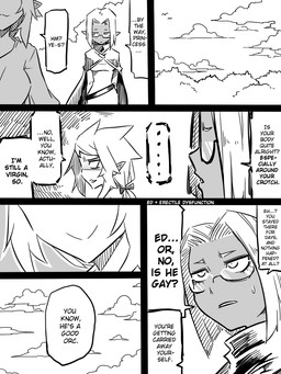 dialogue duo eyewear female glasses humor not_furry text jin_(mugenjin) elfxorc elf humanoid orc 3:4 comic english_text monochrome