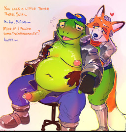 anthro anthro_on_anthro areola baseball_cap belly belly_overhang belt big_belly big_penis blush bodily_fluids boots bottomwear breath chair claws clothed clothing denim denim_bottomwear denim_clothing dialogue dripping duo erection fingerless_gloves flying_sweatdrops footwear fur furniture genital_fluids genitals glans gloves grope hand_on_belly hand_on_chest hand_on_moob handwear hat headgear headwear heart_symbol humanoid_genitalia humanoid_penis jacket jeans kerchief male male/male moobs motion_lines narrowed_eyes navel neckerchief neckwear nipples non-mammal_nipples on_chair onomatopoeia open_clothing open_jacket open_mouth open_smile open_topwear overweight overweight_anthro overweight_male panting pants penis precum precum_drip reach_around shoes simple_background sitting smile sound_effects standing sweat sweatdrop tan_background text throbbing throbbing_penis tongue topwear tuft unzipped unzipped_pants vein zipper rocowoof nintendo star_fox fox_mccloud slippy_toad amphibian canid canine fox frog mammal toad_(frog) 2026 english_text