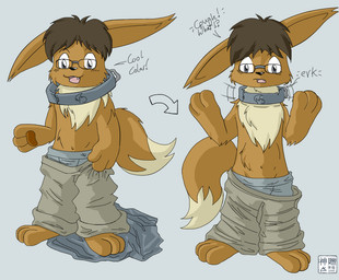 anthro biped bipedal_feral brown_body brown_fur brown_hair clothed clothing collar cute_fangs directional_arrow discarded_clothing eyewear fangs feral fur glasses grey_background hair male mane mid_transformation misspelling open_mouth oversized_clothing pants_falling_down partially_clothed sagging_pants sharp_teeth shrinking shrunk simple_background size_transformation solo sound_effects tan_body tan_fur teeth text topless transformation underwear moofers-mufa nintendo pokemon eevee generation_1_pokemon pokemon_(species) english_text